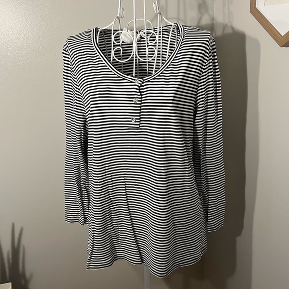 Talbots Black And White Stripe 3/4 Sleeve Jewel Button Front Scoop Neck Size L - Picture 1 of 5